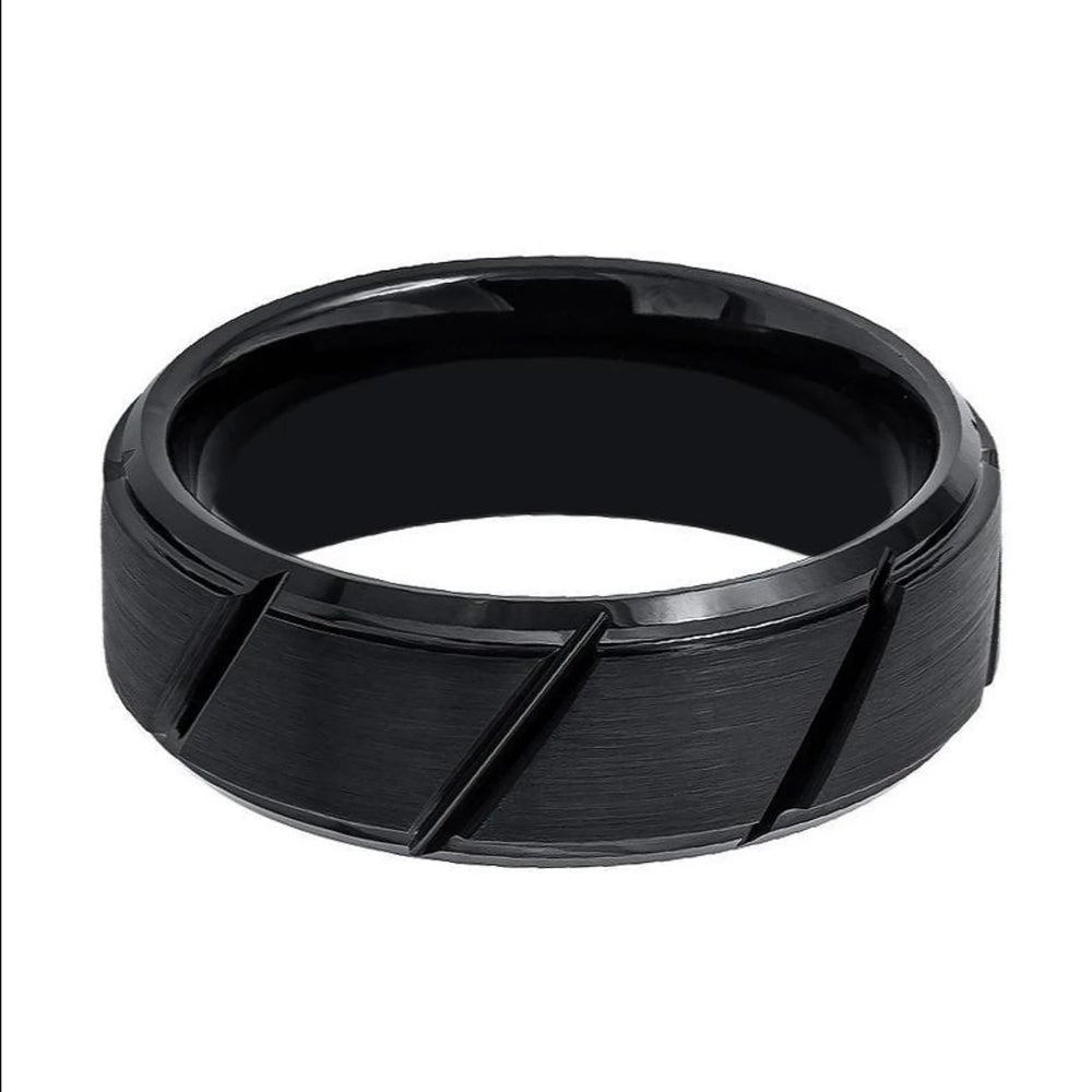 8mm Black Tungsten Carbide Wedding Ring with Diagonal Grooves