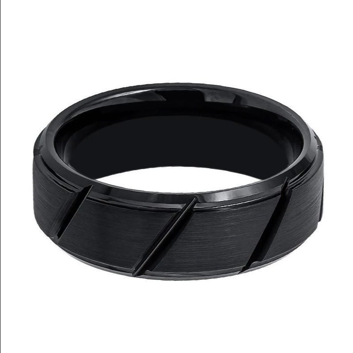 8mm Black Tungsten Carbide Wedding Ring with Diagonal Grooves