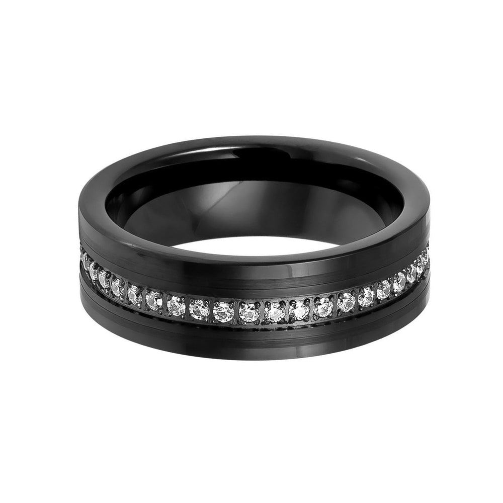 8mm Black Tungsten Carbide Wedding Ring Brushed Center W/ Cubic Zircon Diamonds