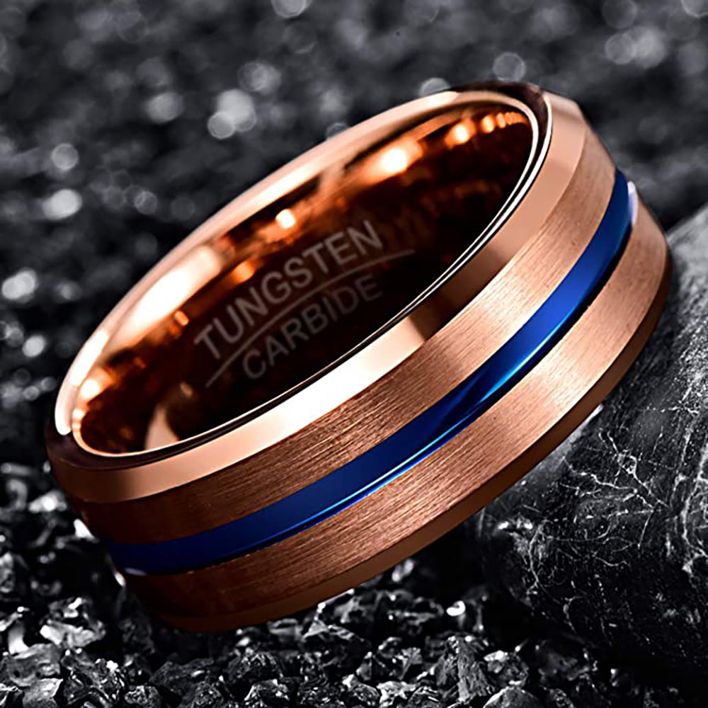 8mm - Men's Tungsten Ring, Rose Gold w/ Blue Groove, Matte Finish Beveled Edge.