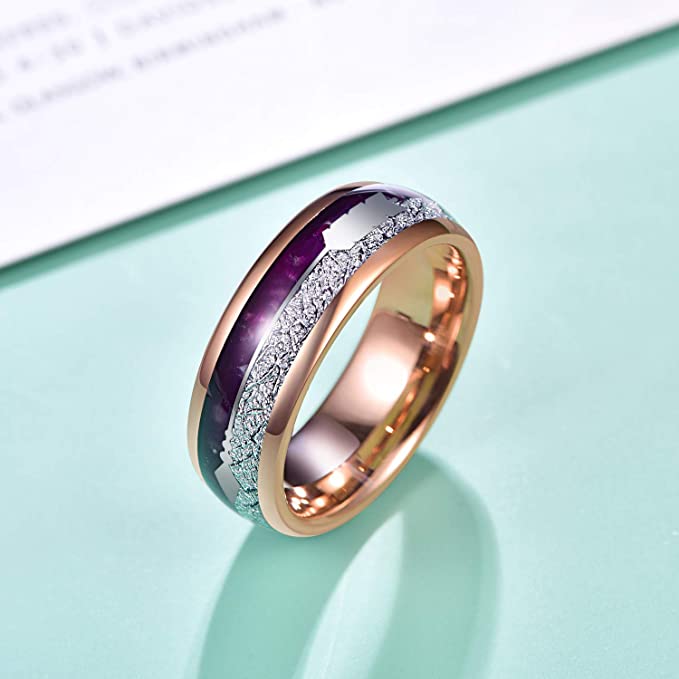 8mm- Rose Gold Arrow Ring, Tungsten Dome Ring, W/ Purple Agate & Meteorite Inlay