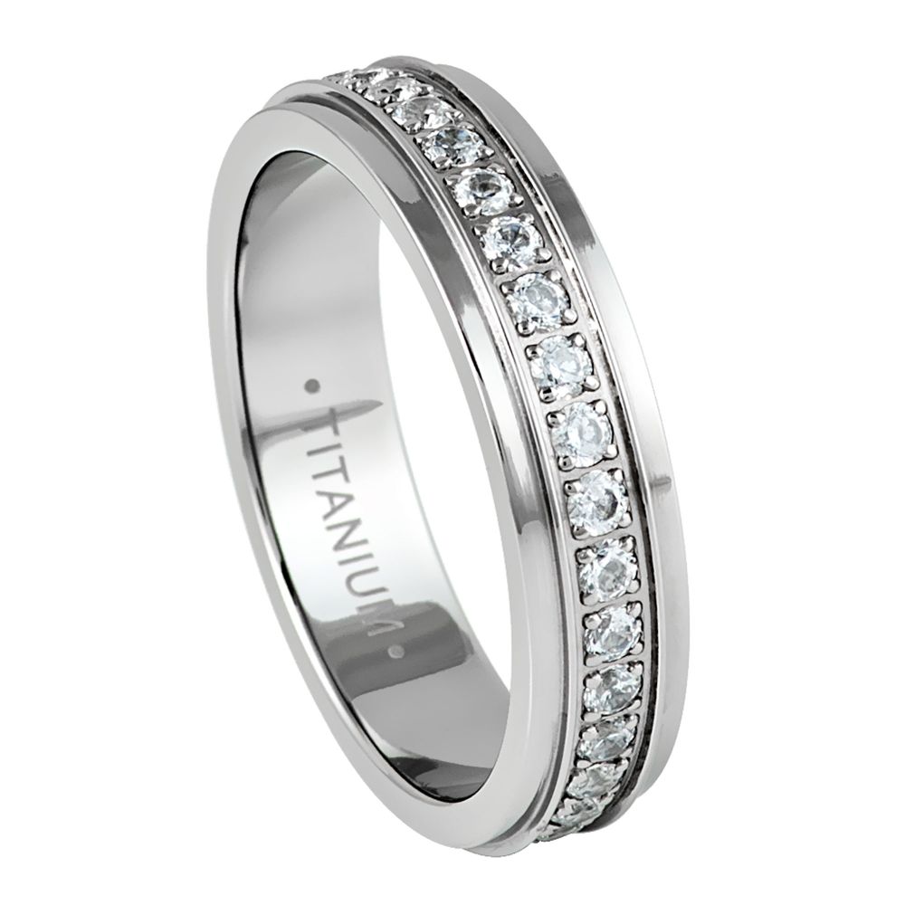 Silver Titanium Ring Full Eternity White Cubic Zircon Diamonds Stepped Edges 5mm