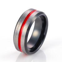 8mm - Black Tungsten ring w/ red groove brushed center