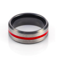 8mm - Black Tungsten ring w/ red groove brushed center