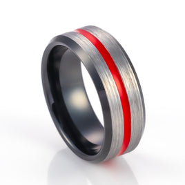 8mm - Black Tungsten ring w/ red groove brushed center