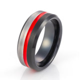 8mm - Mens black half brushed center Tungsten ring w/ red groove