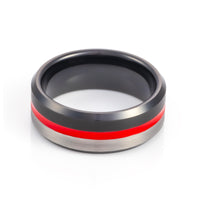 8mm - Mens black half brushed center Tungsten ring w/ red groove