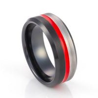 8mm - Mens black half brushed center Tungsten ring w/ red groove
