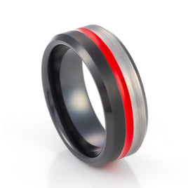 8mm - Mens black half brushed center Tungsten ring w/ red groove