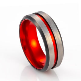 8mm - Red Tungsten Ring w/Black beveled edges w/Brushed center wedding band