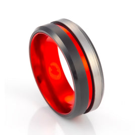 8mm - Red Tungsten Ring w/Black beveled edges w/ half Brushed center wedding band