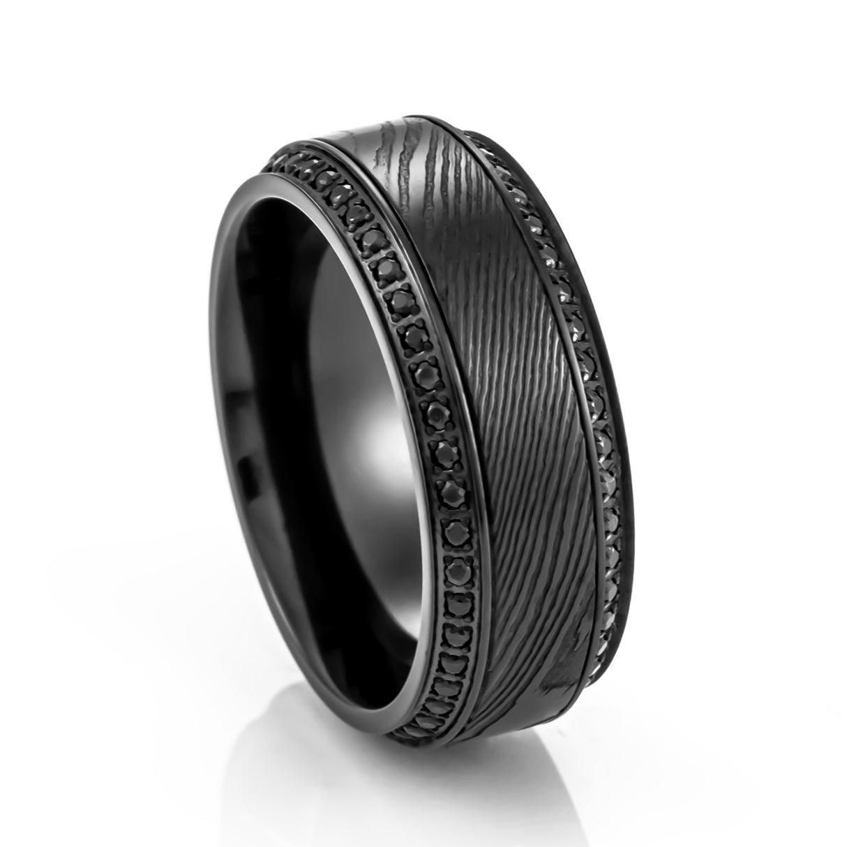 Thorsten TROPHY Black Damascus Steel Inlaid Polished Black Titanium Men's Wedding Band With Black Sapphire Beveled Edges Thorsten TROPHY Black Damascus Steel Inlaid Polished Black Titanium Men's Wedding Band With Black Sapphire Beveled Edges