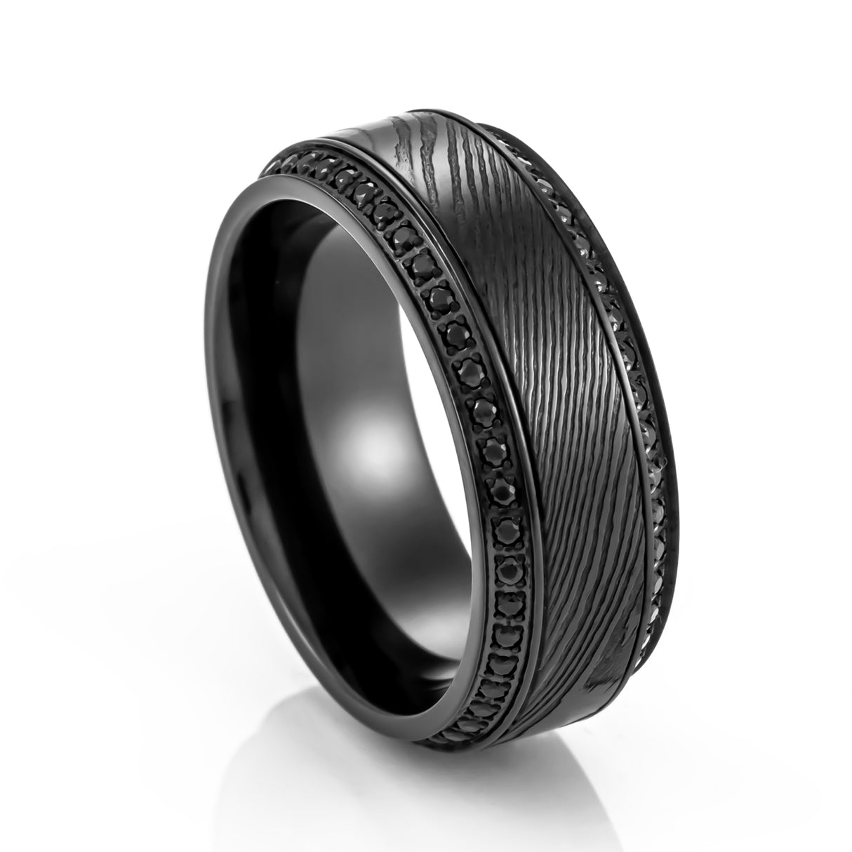 Thorsten TROPHY Black Damascus Steel Inlaid Polished Black Titanium Men's Wedding Band With Black Sapphire Beveled Edges Thorsten TROPHY Black Damascus Steel Inlaid Polished Black Titanium Men's Wedding Band With Black Sapphire Beveled Edges