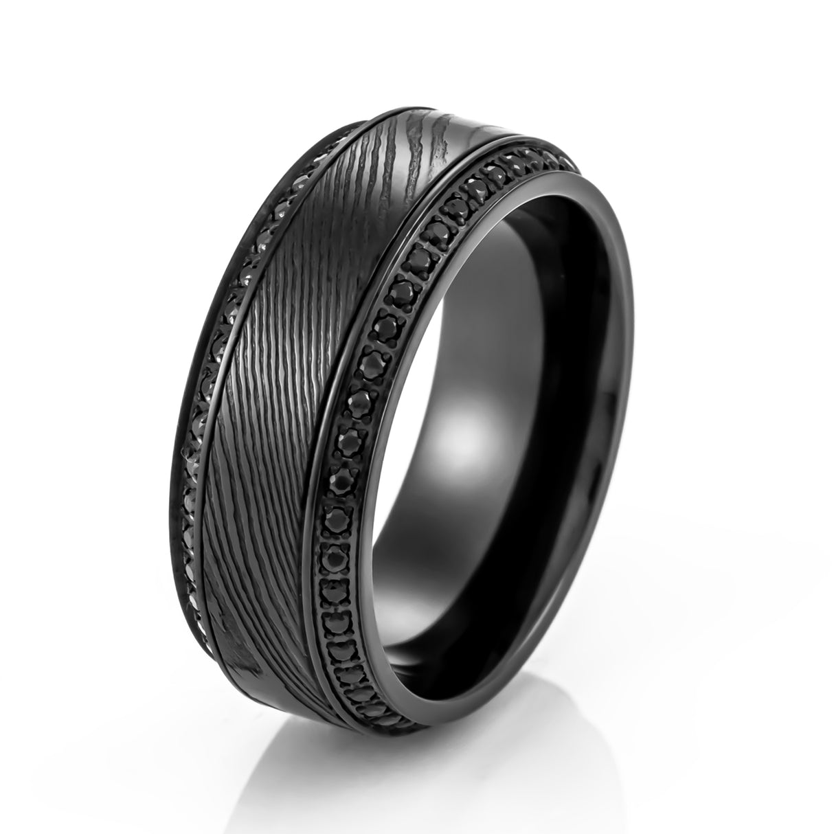 TROPHY Black Damascus Steel Inlaid Polished Black Titanium Men's Wedding Band With Black Sapphire Beveled Edges - 8mm