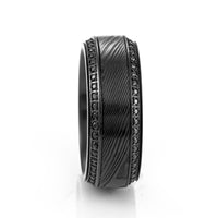 TROPHY Black Damascus Steel Inlaid Polished Black Titanium Men's Wedding Band With Black Sapphire Beveled Edges - 8mm