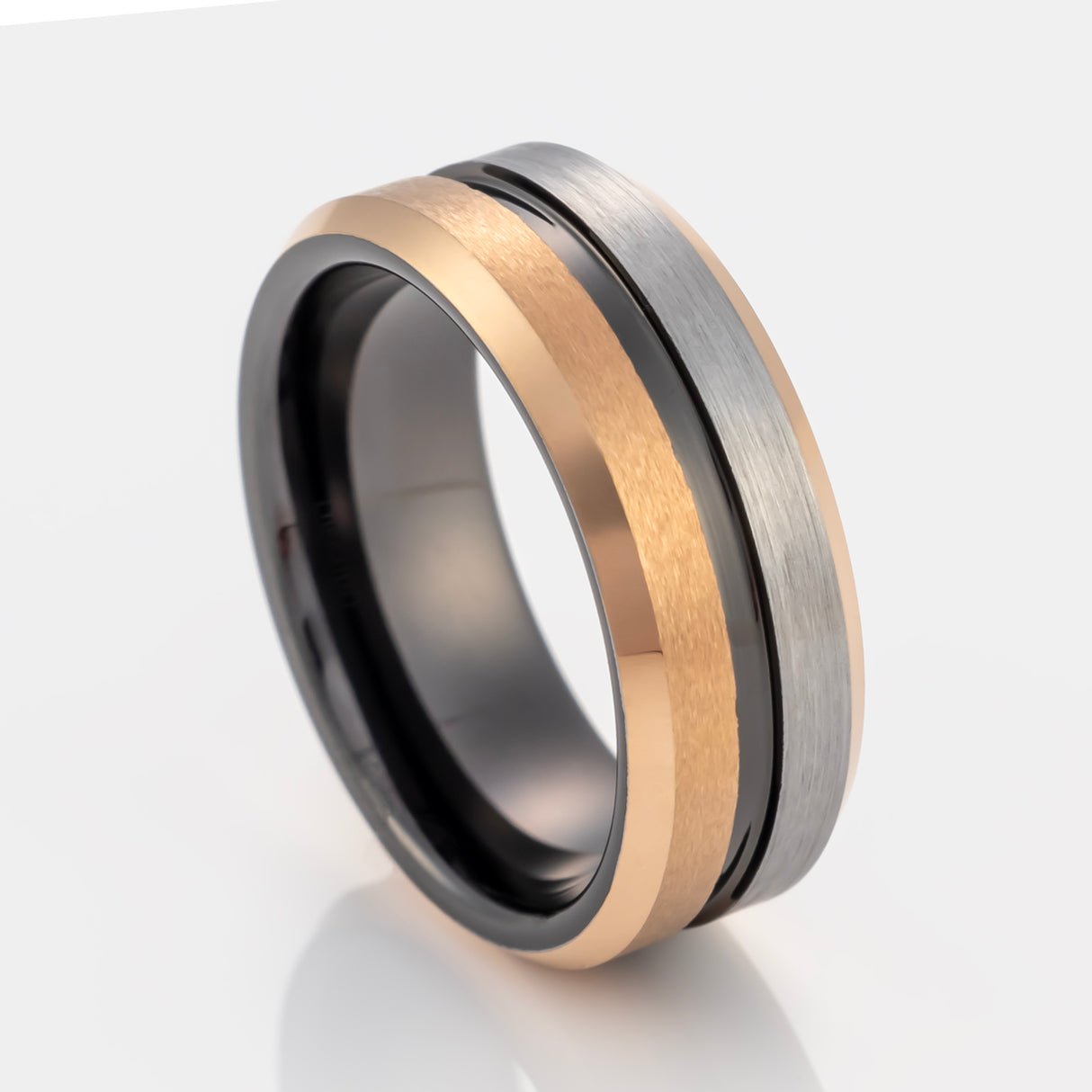 8mm- Black and Rose Gold half Brushed Tungsten Ring