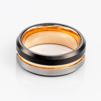 8mm - Rose gold Tungsten Ring w/Black beveled edges half Brushed wedding band