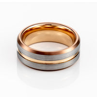 8mm - Rose gold Tungsten Ring w/espresso brown beveled edges Brushed wedding band