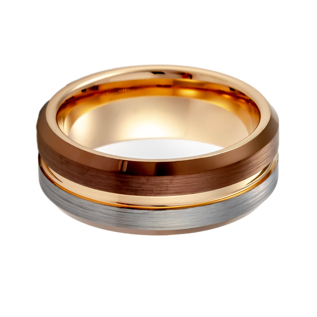 8mm - Rose gold Tungsten Ring w/espresso brown beveled edges half Brushed wedding band