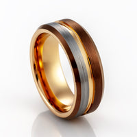 8mm - Rose gold Tungsten Ring w/espresso brown beveled edges half Brushed wedding band