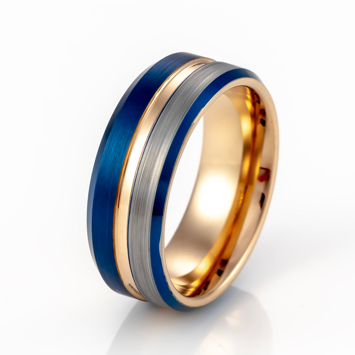 8mm - Rose Gold & Blue half brushed center Brush Matte Finish Tungsten Ring Beveled Edge