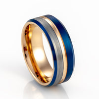 8mm - Rose Gold & Blue half brushed center Brush Matte Finish Tungsten Ring Beveled Edge