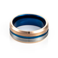 8mm - Blue & Rose Gold  half Brush Matte Finish Tungsten Carbide Ring Beveled Edge