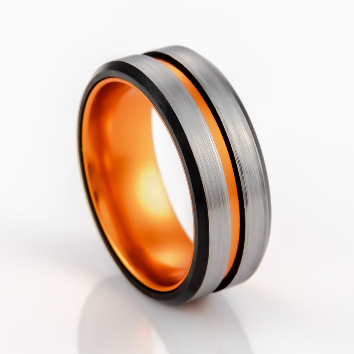 8mm - Black & Orange Brushed center Tungsten Carbide Ring Beveled Edge Orange Inlay Wedding Band