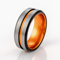 8mm - Black & Orange Brushed center Tungsten Carbide Ring Beveled Edge Orange Inlay Wedding Band