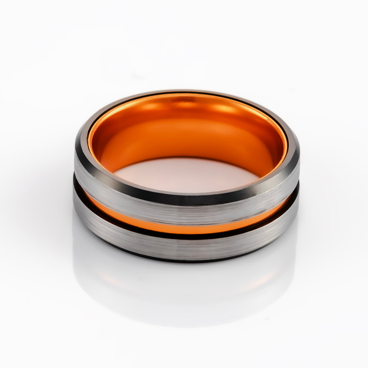 8mm - Black & Orange Brushed center Tungsten Carbide Ring Beveled Edge Orange Inlay Wedding Band