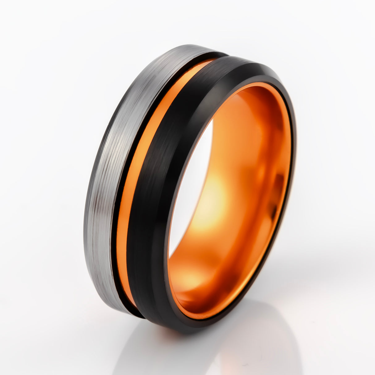 8mm - Black & Orange half Brushed center Tungsten Carbide Ring Beveled Edge Orange Inlay Wedding Band