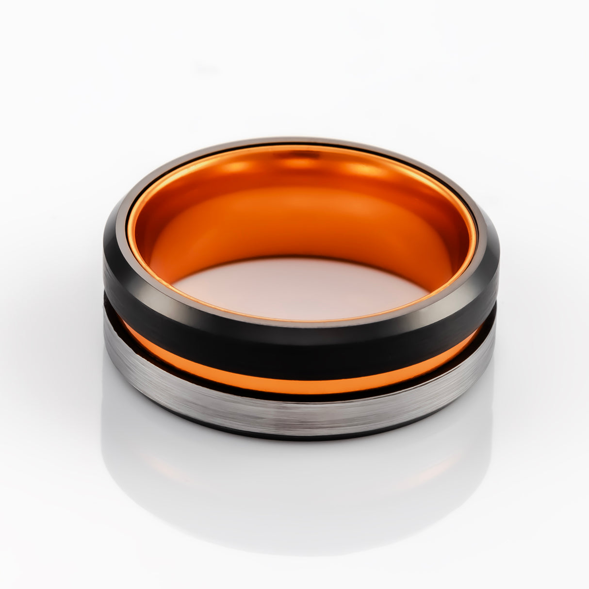 8mm - Black & Orange half Brushed center Tungsten Carbide Ring Beveled Edge Orange Inlay Wedding Band