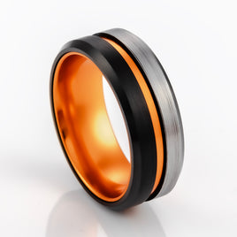 8mm - Black & Orange half Brushed center Tungsten Carbide Ring Beveled Edge Orange Inlay Wedding Band