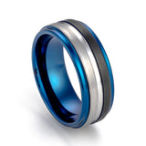 8mm Blue Tungsten Carbide Ring W/ half Black Brush & Silver Center Groove