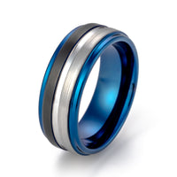 8mm Blue Tungsten Carbide Ring W/ half Black Brush & Silver Center Groove