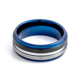 8mm Blue Tungsten Carbide Ring W/ half Black Brush & Silver Center Groove