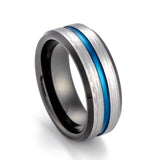 8mm Black Tungsten Carbide Wedding Band w/ Blue Groove brushed center