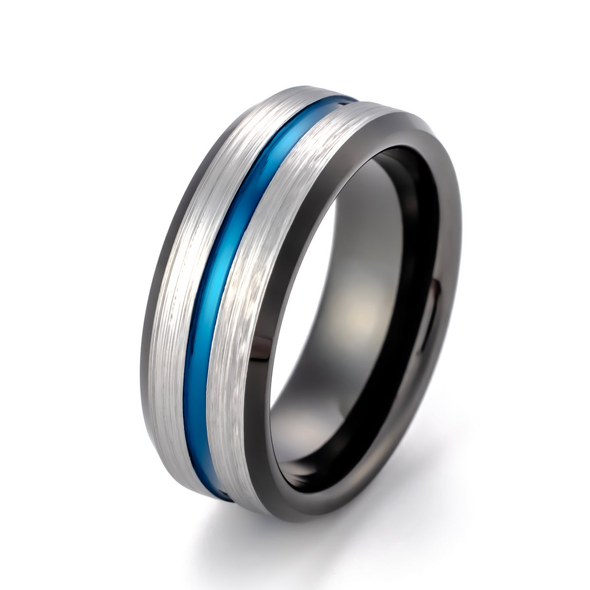 8mm Black Tungsten Carbide Wedding Band w/ Blue Groove brushed center