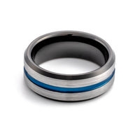 8mm Black Tungsten Carbide Wedding Band w/ Blue Groove brushed center