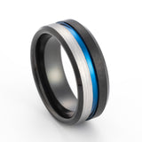 8mm Black Tungsten Carbide Wedding Band w/ Blue Groove half brushed center