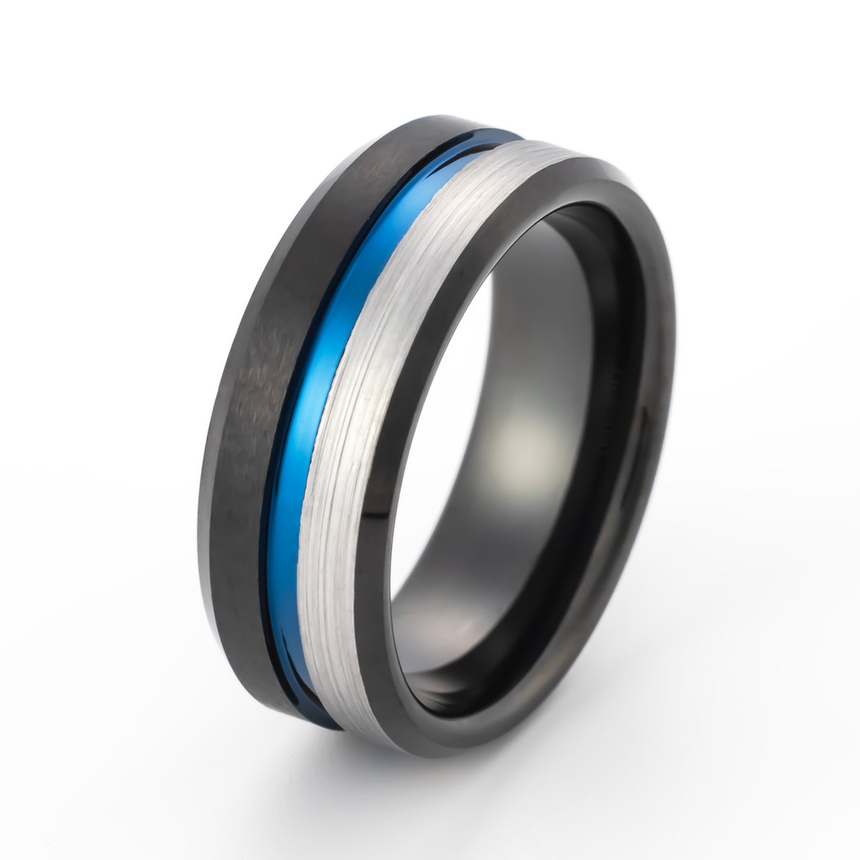 8mm Black Tungsten Carbide Wedding Band w/ Blue Groove half brushed center