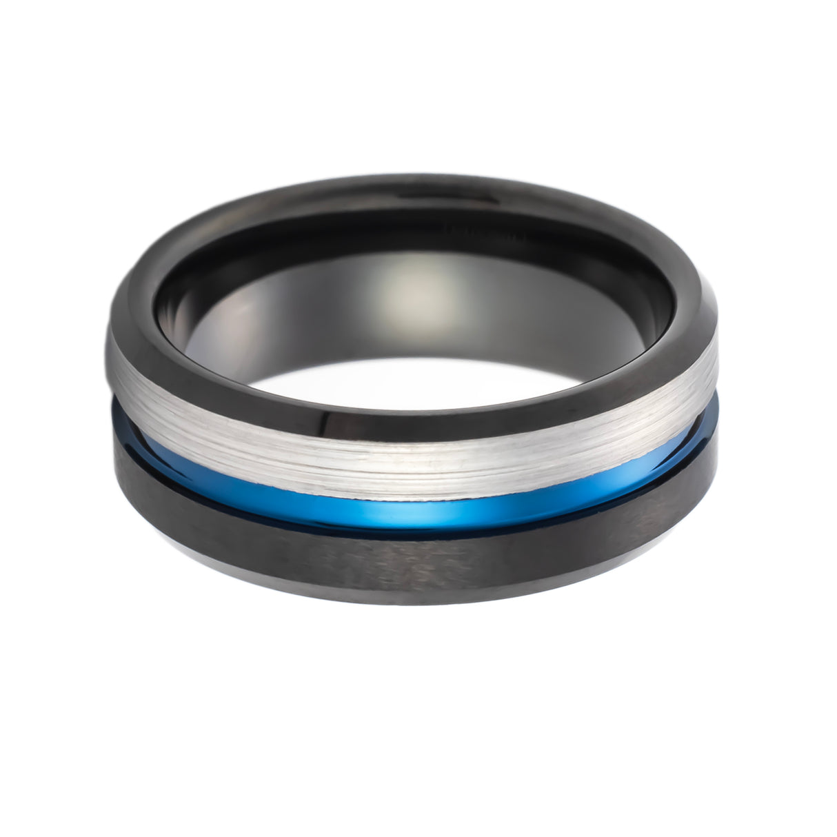 8mm Black Tungsten Carbide Wedding Band w/ Blue Groove half brushed center