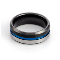 8mm Black Tungsten Carbide Wedding Band w/ Blue Groove half brushed center