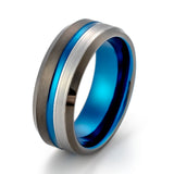 8mm - Black Blue Tungsten Carbide Ring W/ half brushed center - Grooved Beveled Edges - Wedding Band