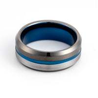 8mm - Black Blue Tungsten Carbide Ring W/ half brushed center - Grooved Beveled Edges - Wedding Band