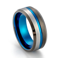 8mm - Black Blue Tungsten Carbide Ring W/ half brushed center - Grooved Beveled Edges - Wedding Band