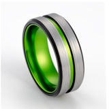 8MM - GREEN TUNGSTEN CARBIDE RING w/black beveled edges brushed center