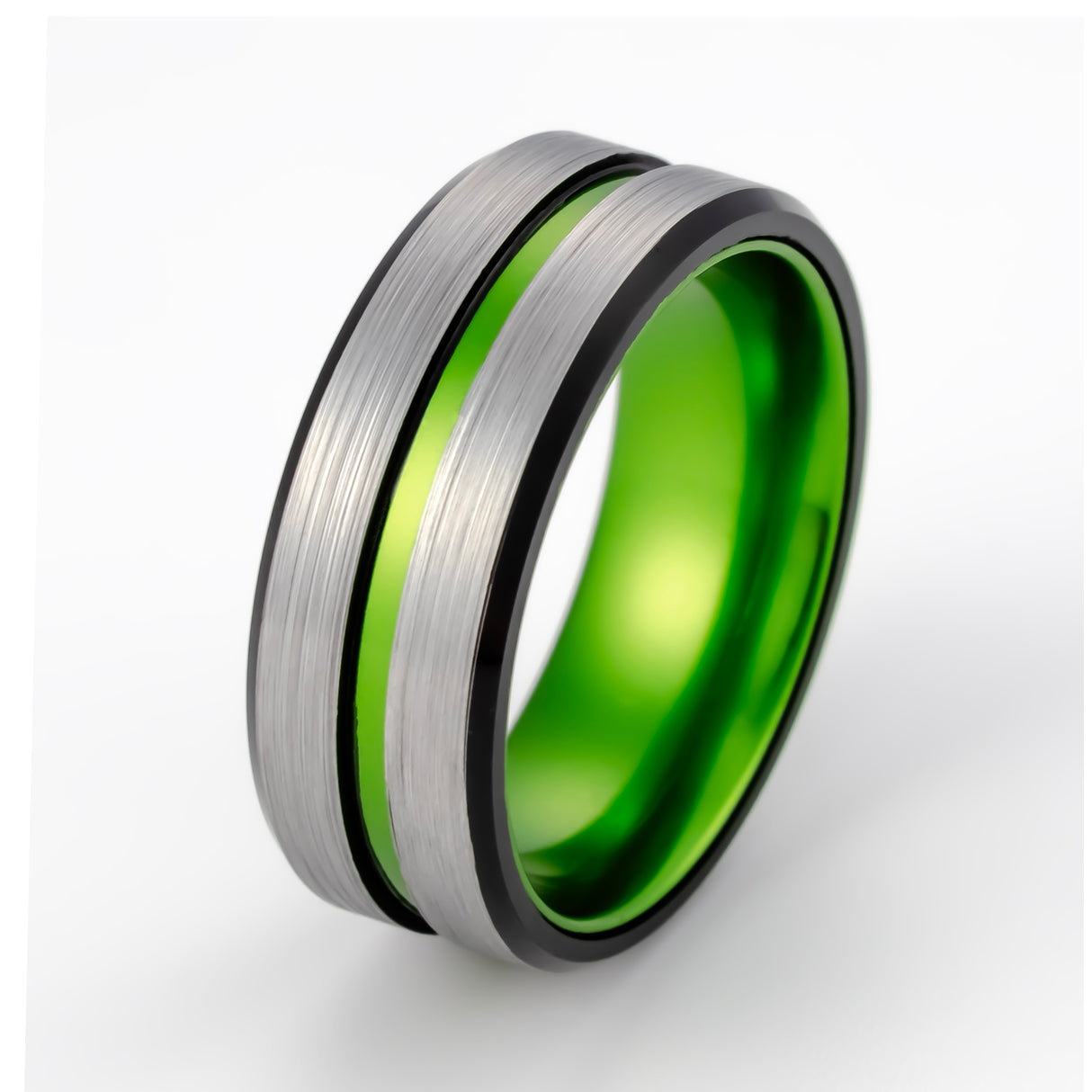 8MM - GREEN TUNGSTEN CARBIDE RING w/black beveled edges brushed center