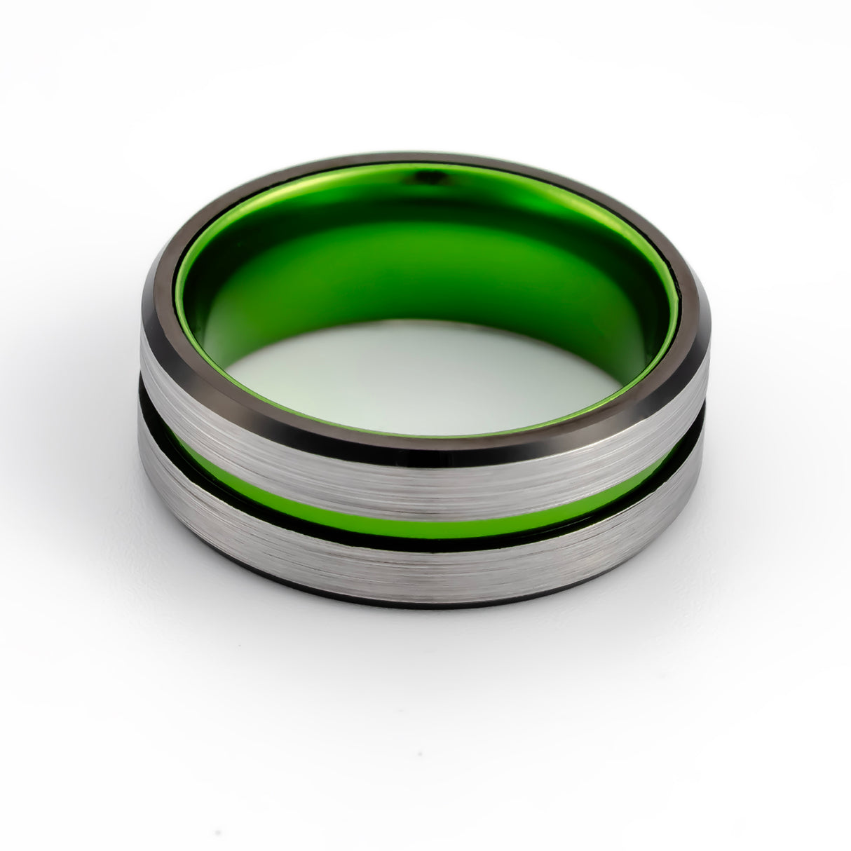 8MM - GREEN TUNGSTEN CARBIDE RING w/black beveled edges brushed center