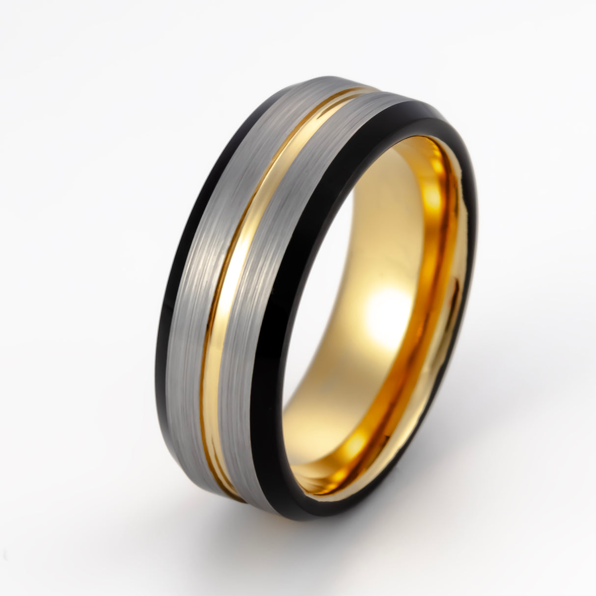 8mm- Gold Tungsten Carbide Wedding Ring w/ Brushed Center w/ black beveled edges